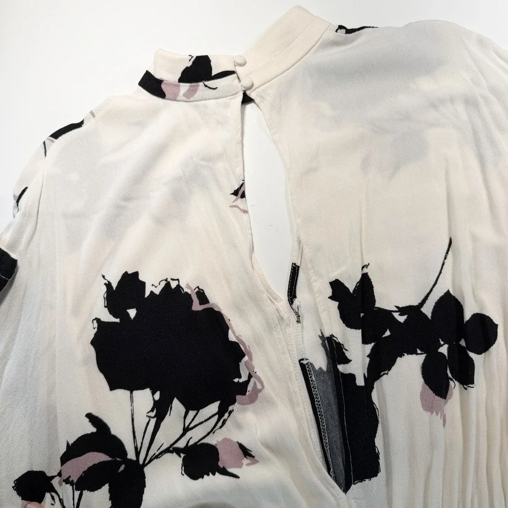 Free People Long Sleeve Ivory Black Floral Print Top Cutouts Tie Waist L‎
